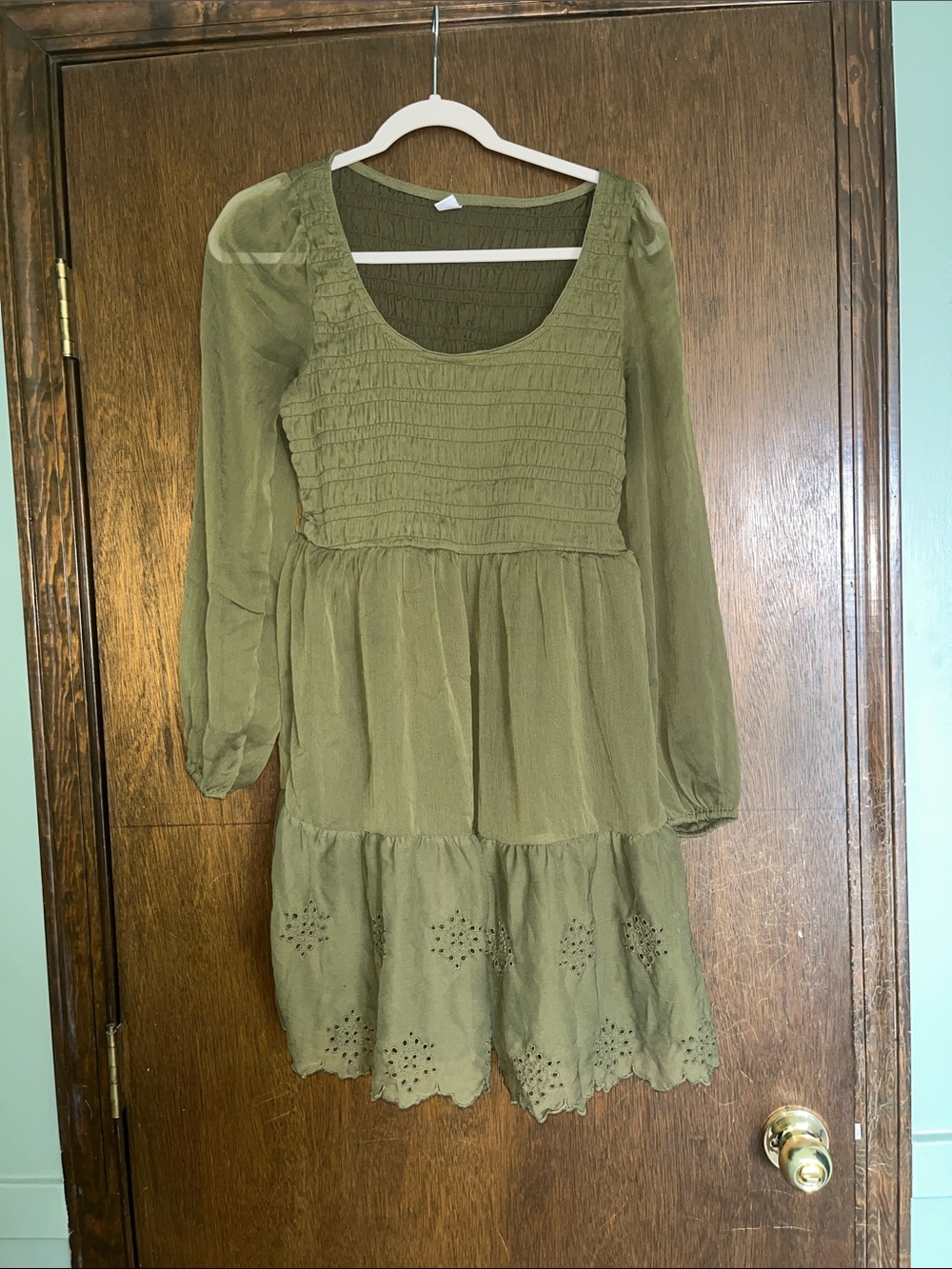Old Navy Olive Green Long Sleeve Smocked Babydoll Dress